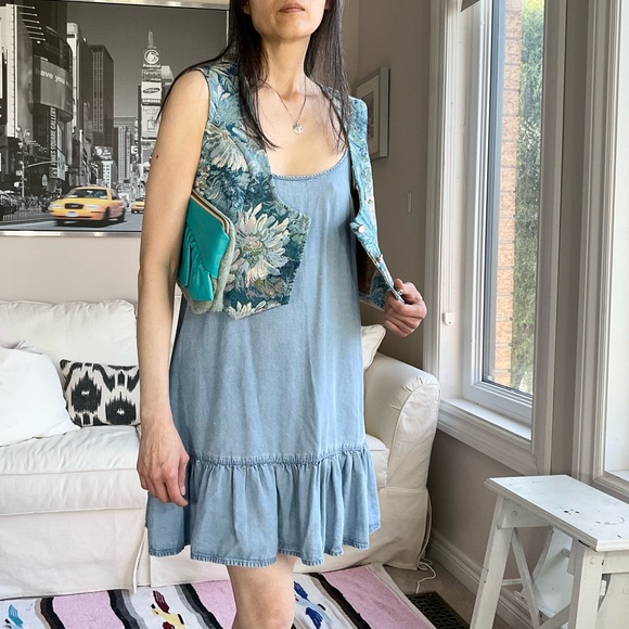 Blue chambray minidress with ruffle hem - Picture 1 of 14